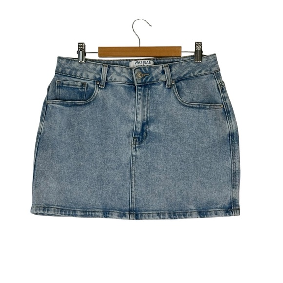 Women Light Wash Wax Jean Denim Mini Skirt Size Large - Picture 1 of 6